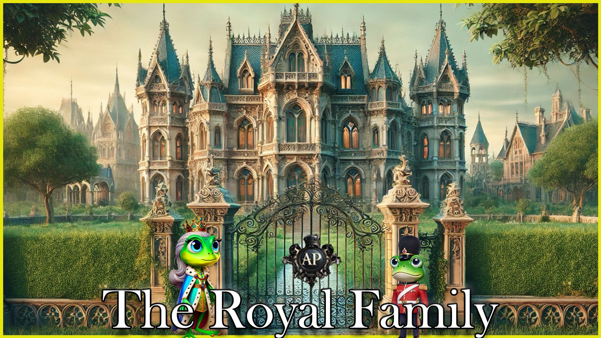 A poster for the royal family with a castle in the background