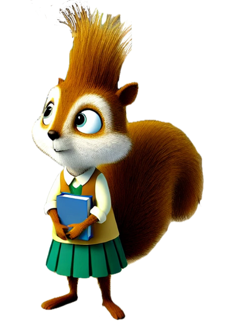 A cartoon squirrel is holding a blue book