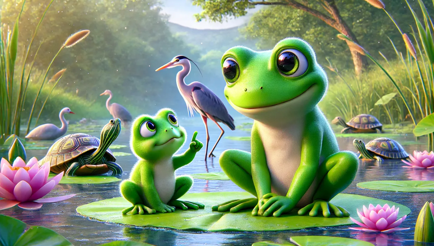 Two frogs are sitting on a lily pad in a pond.