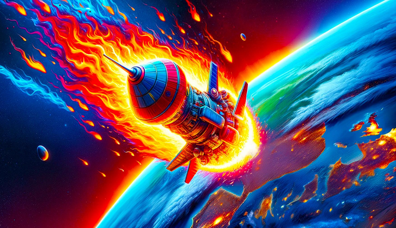 A colorful painting of a rocket flying through space.