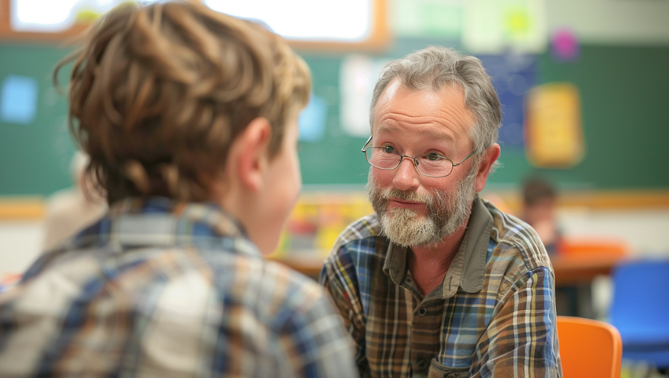 A man with a beard is talking to a young boy in a classroom.