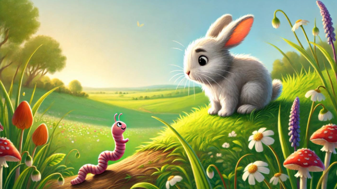 A rabbit is sitting on top of a hill next to a worm.