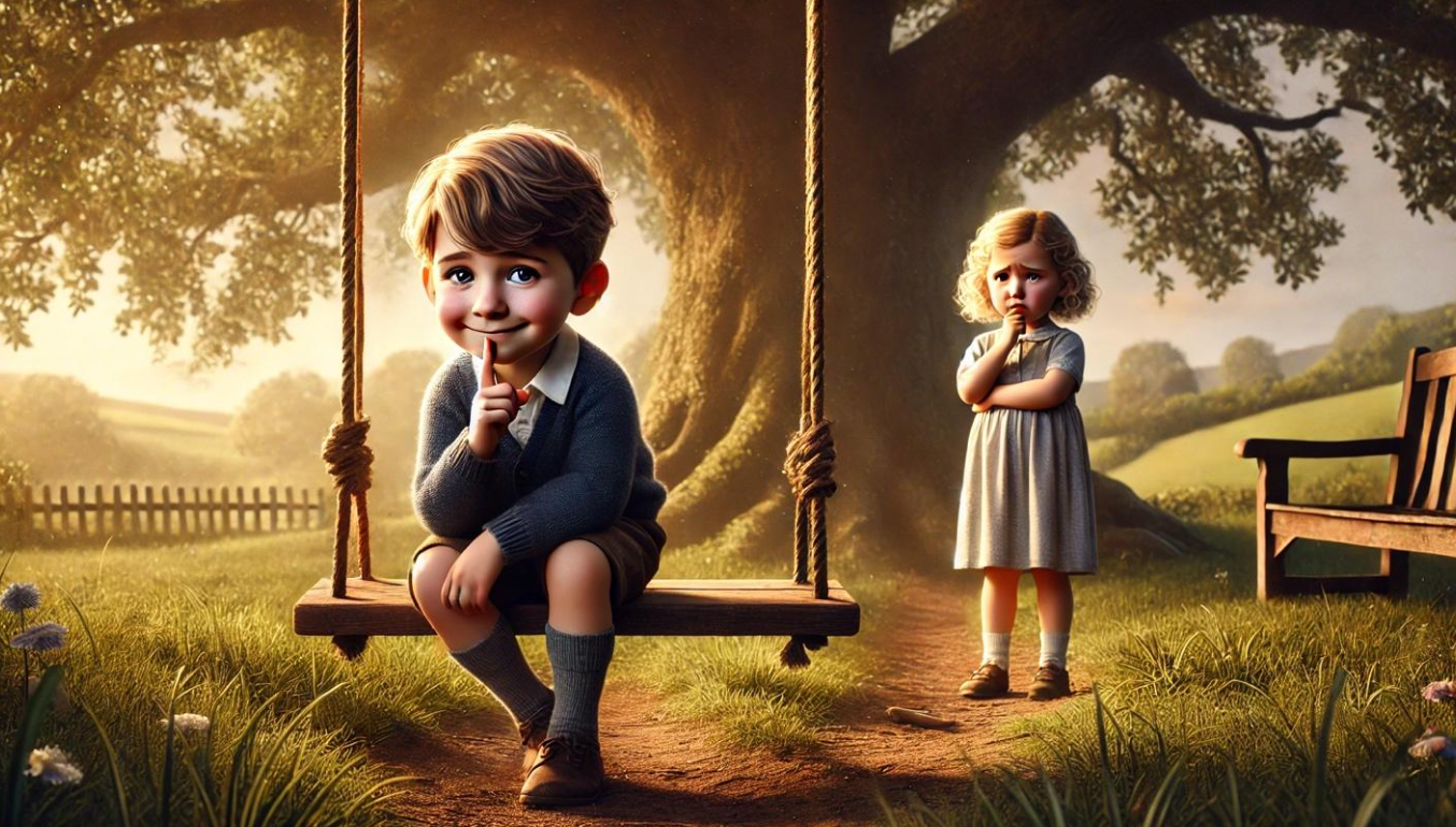 A boy and a girl are sitting on a swing under a tree.