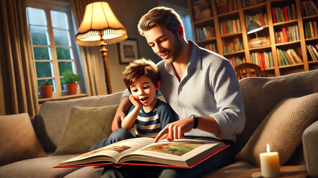 A man and a boy are sitting on a couch reading a book together.