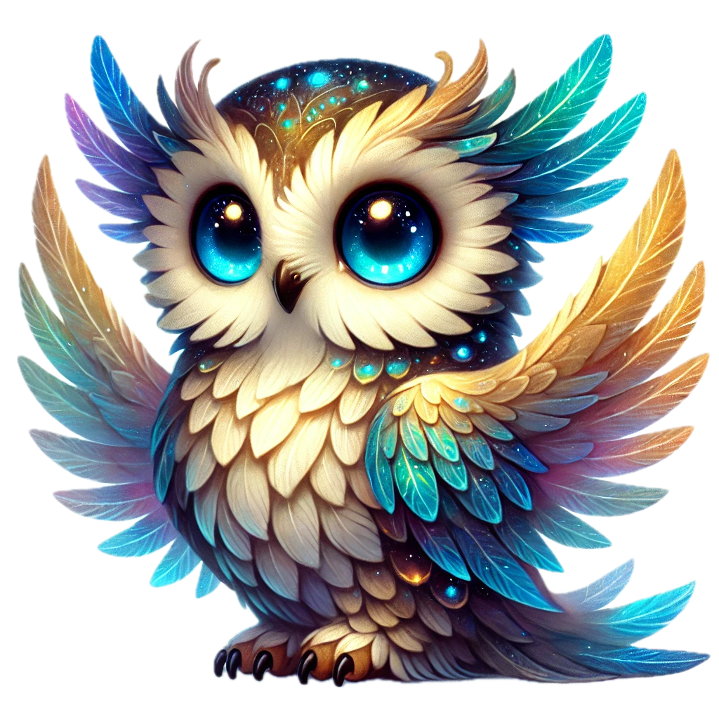 A colorful owl with blue eyes is sitting on a white background.