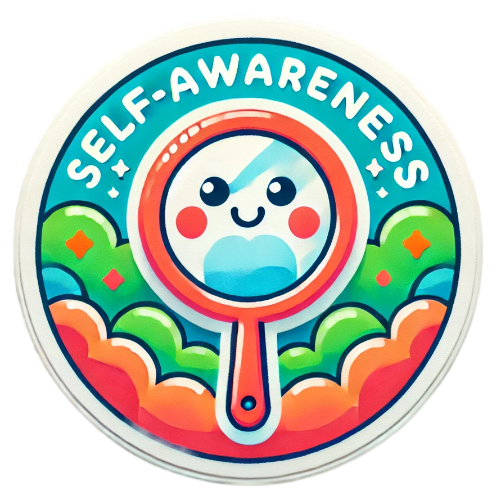 A sticker that says self-awareness with a magnifying glass