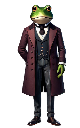 A man with a frog head is wearing a suit and tie.
