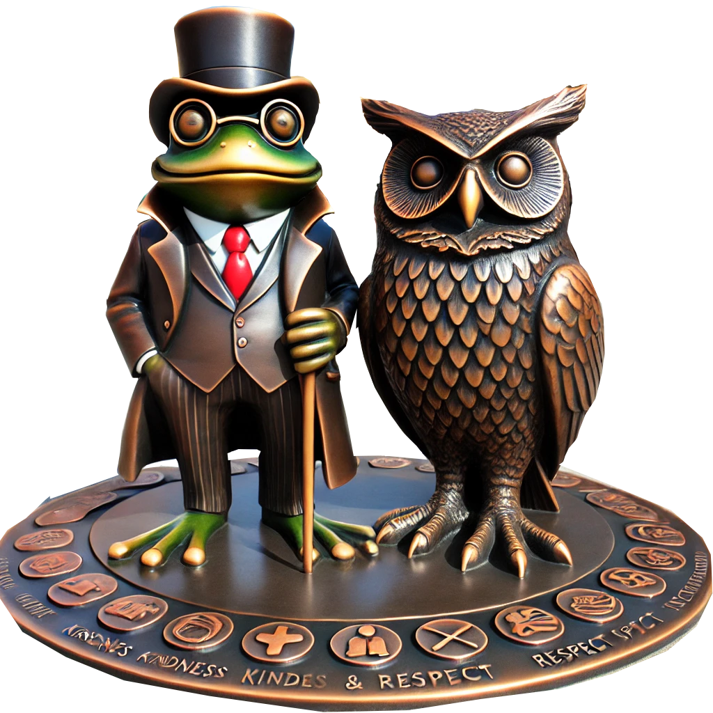 A frog and an owl are on a plaque that says kindness and respect
