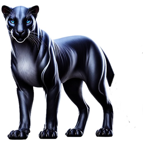 A black panther with blue eyes is standing on a white background