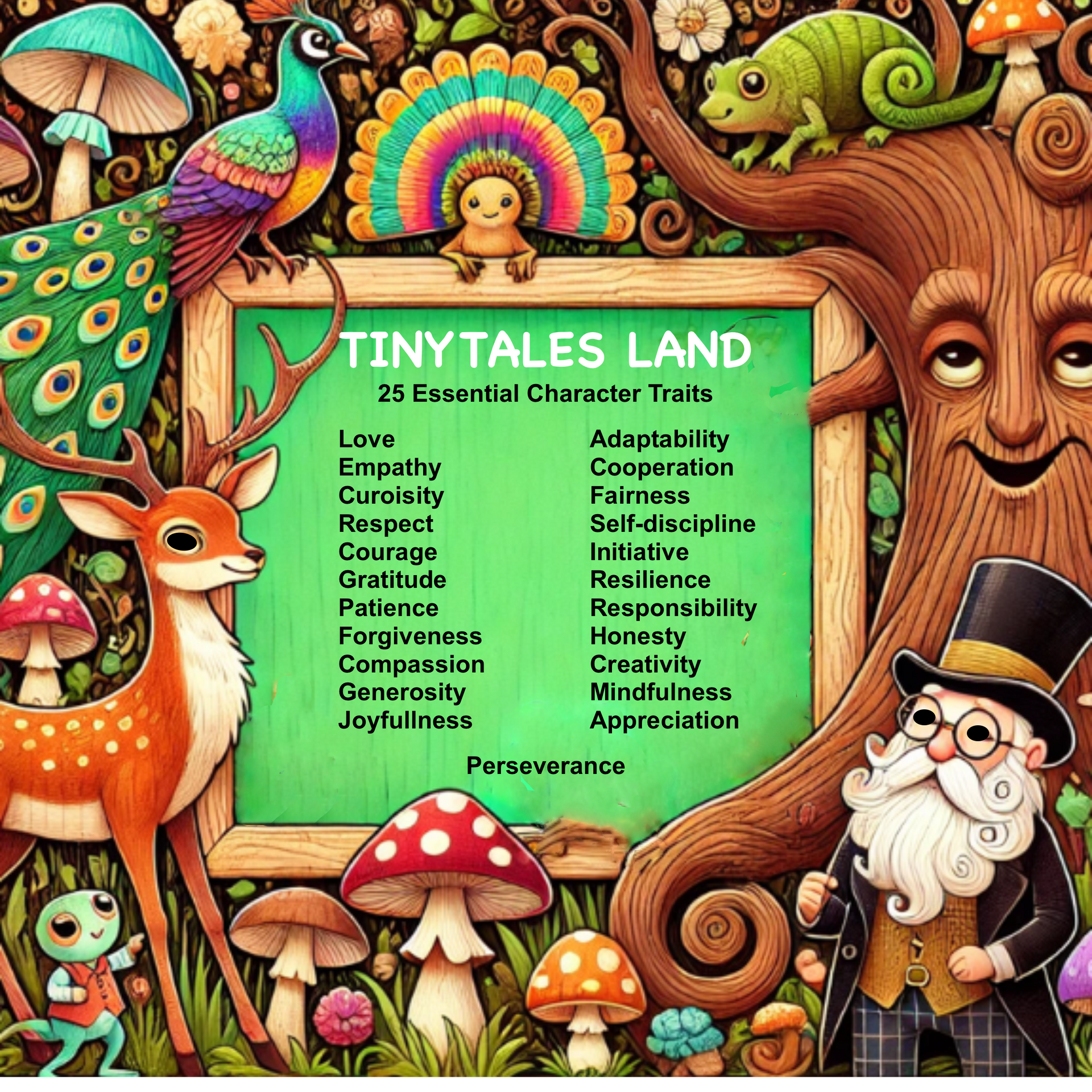 A tiny tales land poster with a deer , mushrooms , birds , and a man in a top hat