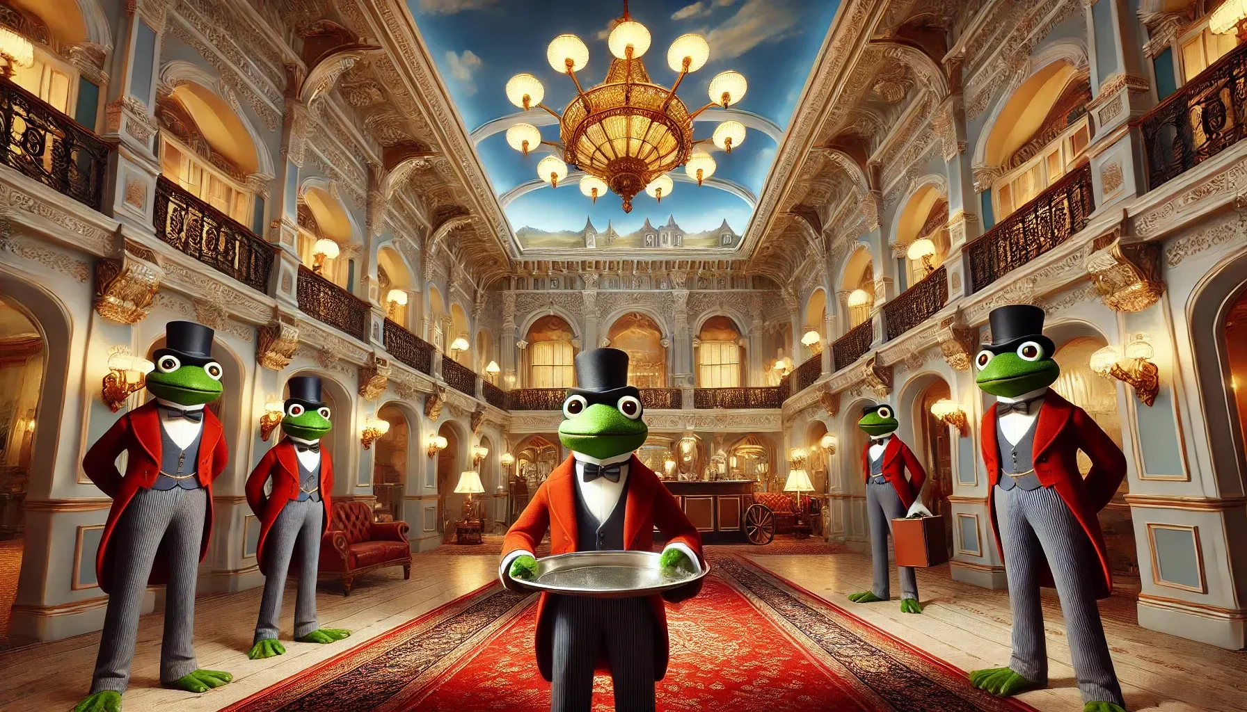 A group of frogs in top hats and suits are standing in a hallway holding a tray.