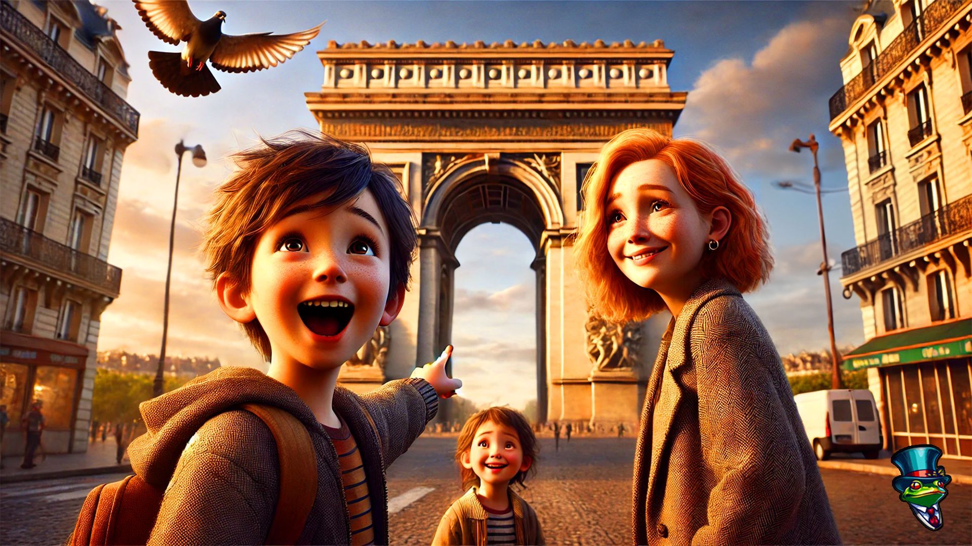 A boy and two girls are standing in front of a triumphal arch.