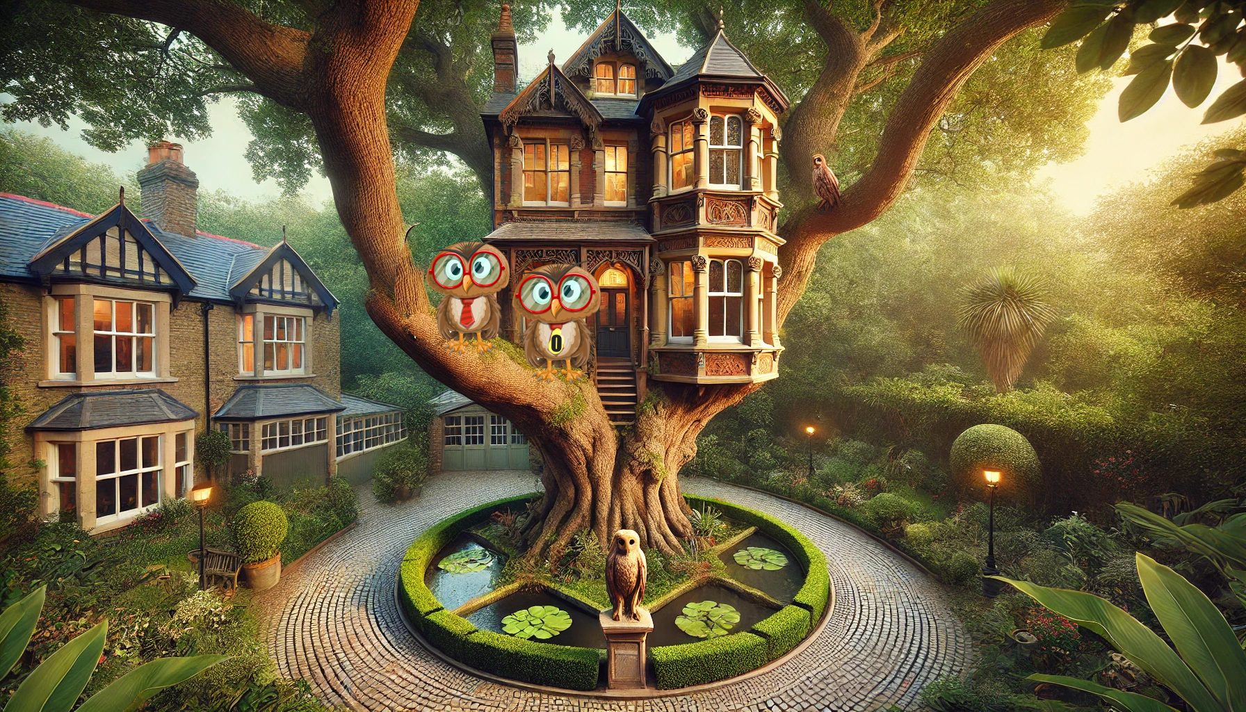 A tree house is sitting on top of a tree in front of a house.