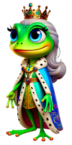 A frog wearing a crown and a robe is standing on a white background.