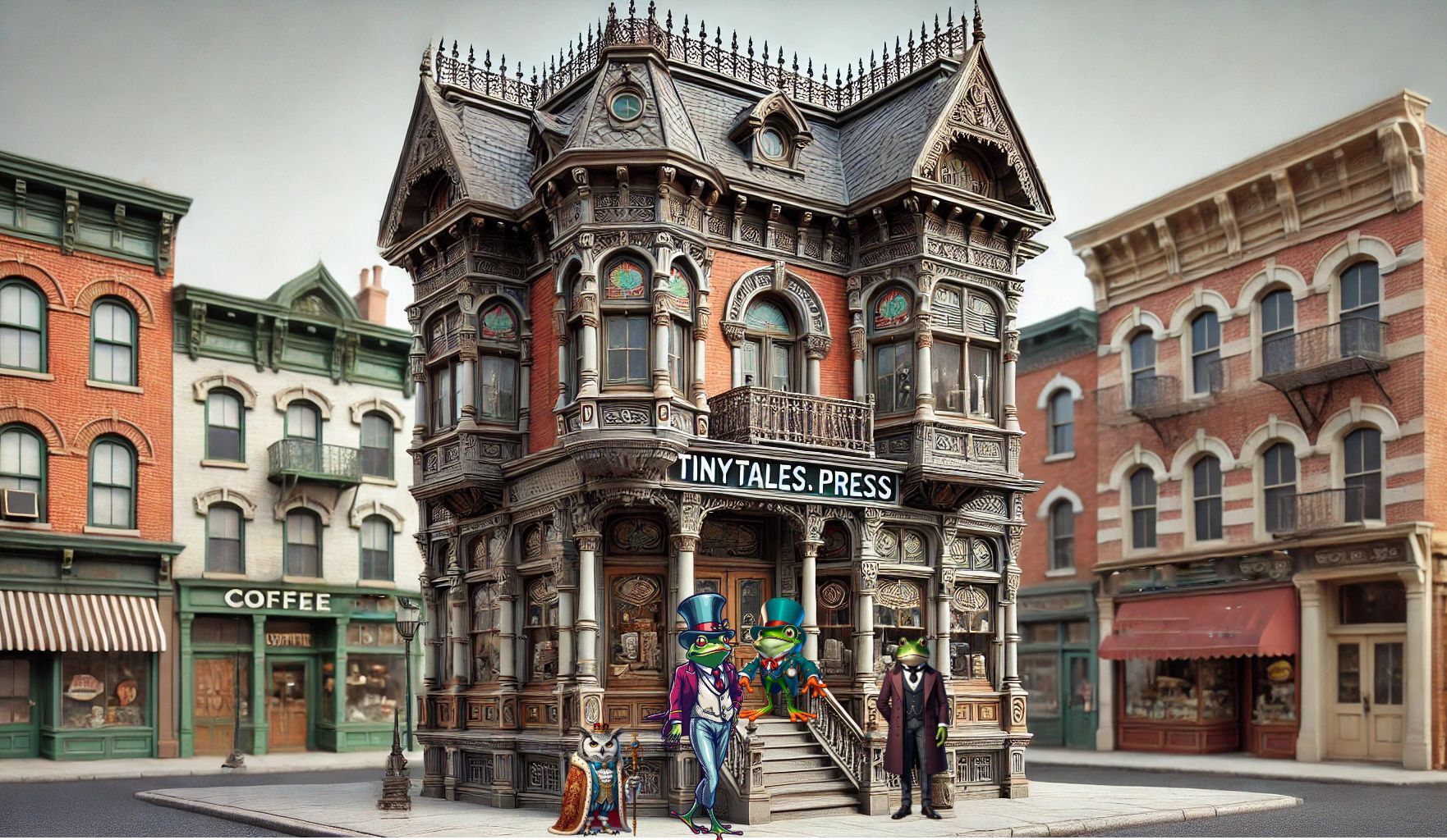 A group of people are standing in front of a haunted house.