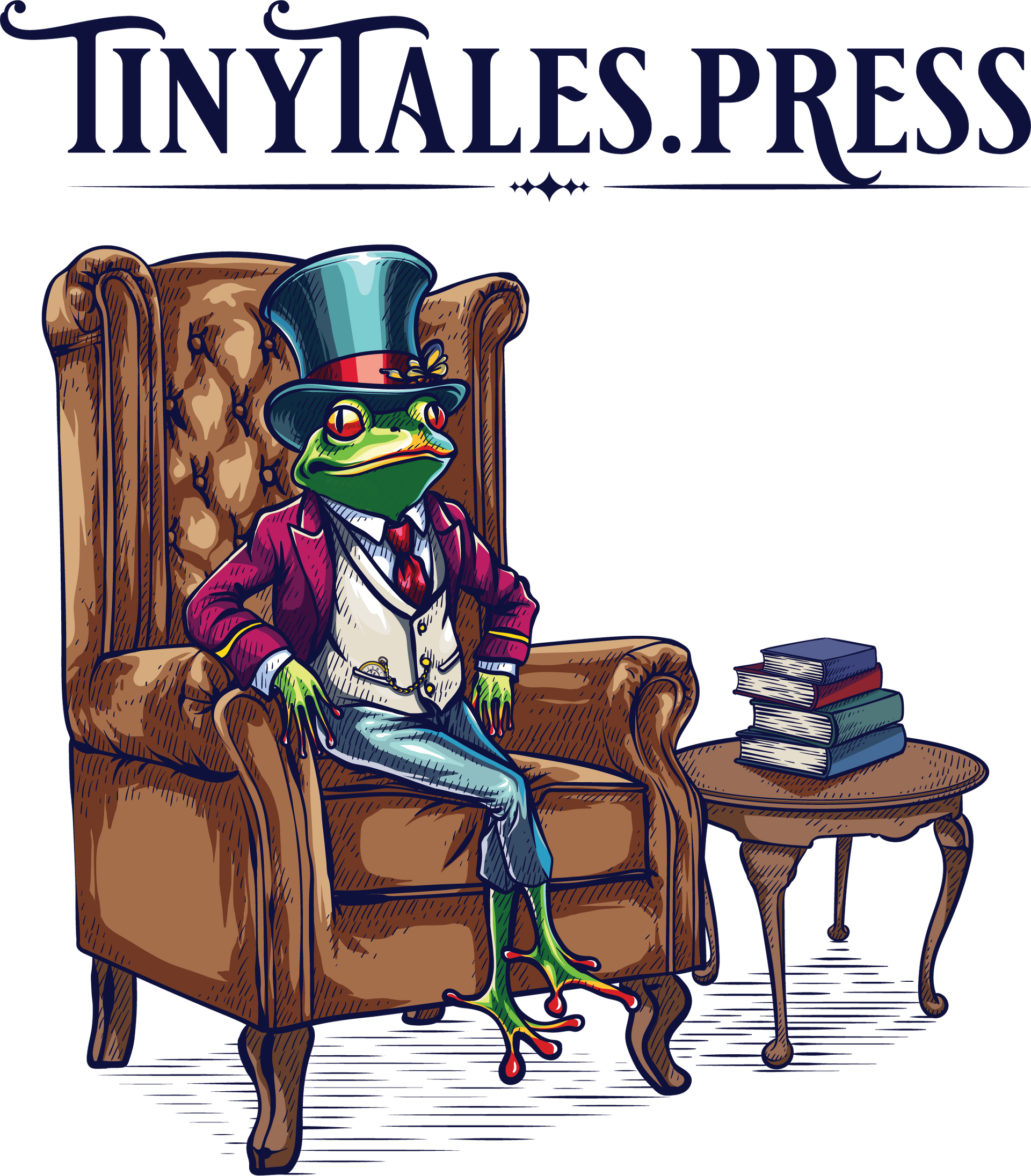 A frog wearing a top hat is sitting in a chair.