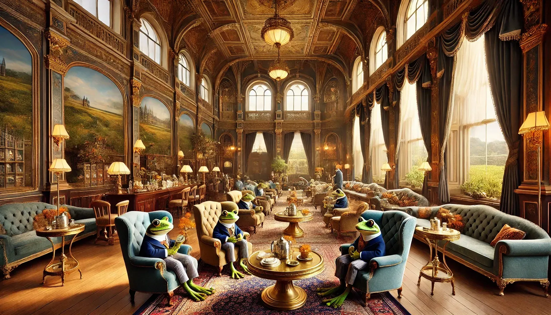 A large room with frogs sitting in chairs and tables.