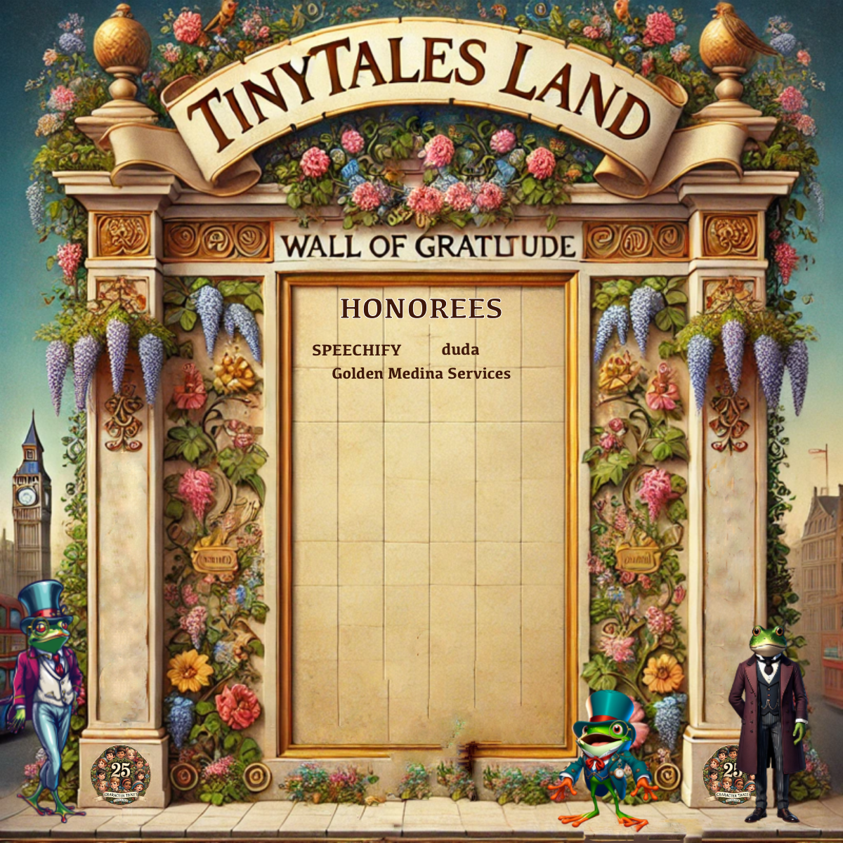 A tinytales land wall of gratitude is decorated with flowers