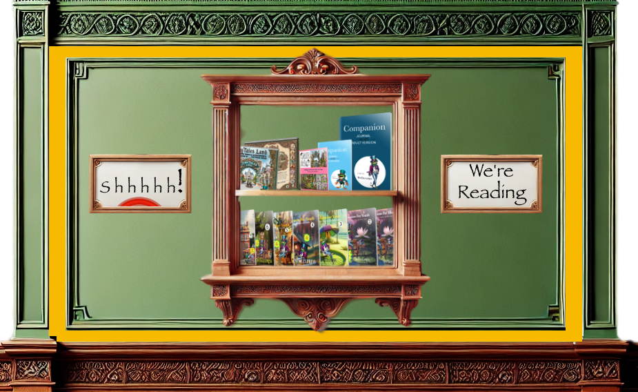 A book shelf with a sign that says we 're reading