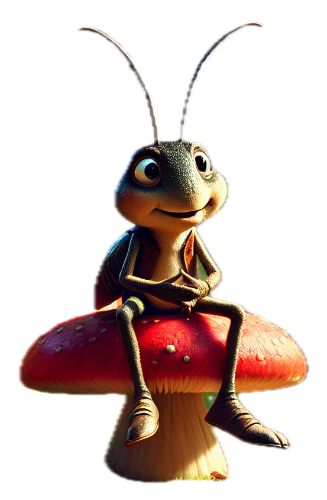 A cartoon bug is sitting on a red mushroom.