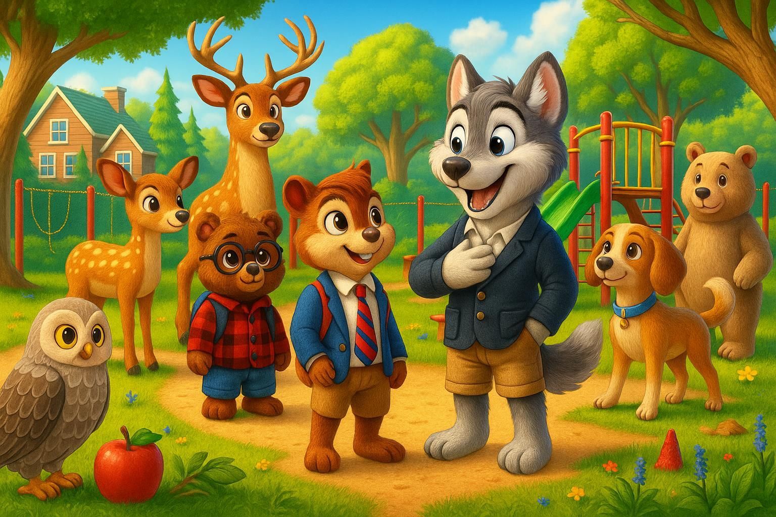 A group of cartoon animals are standing in a park.