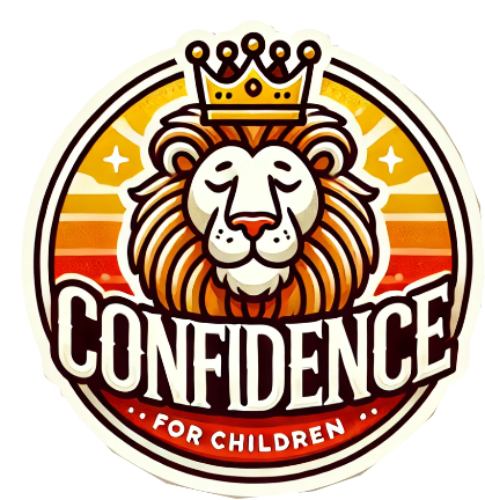 A logo for confidence for children with a lion wearing a crown.