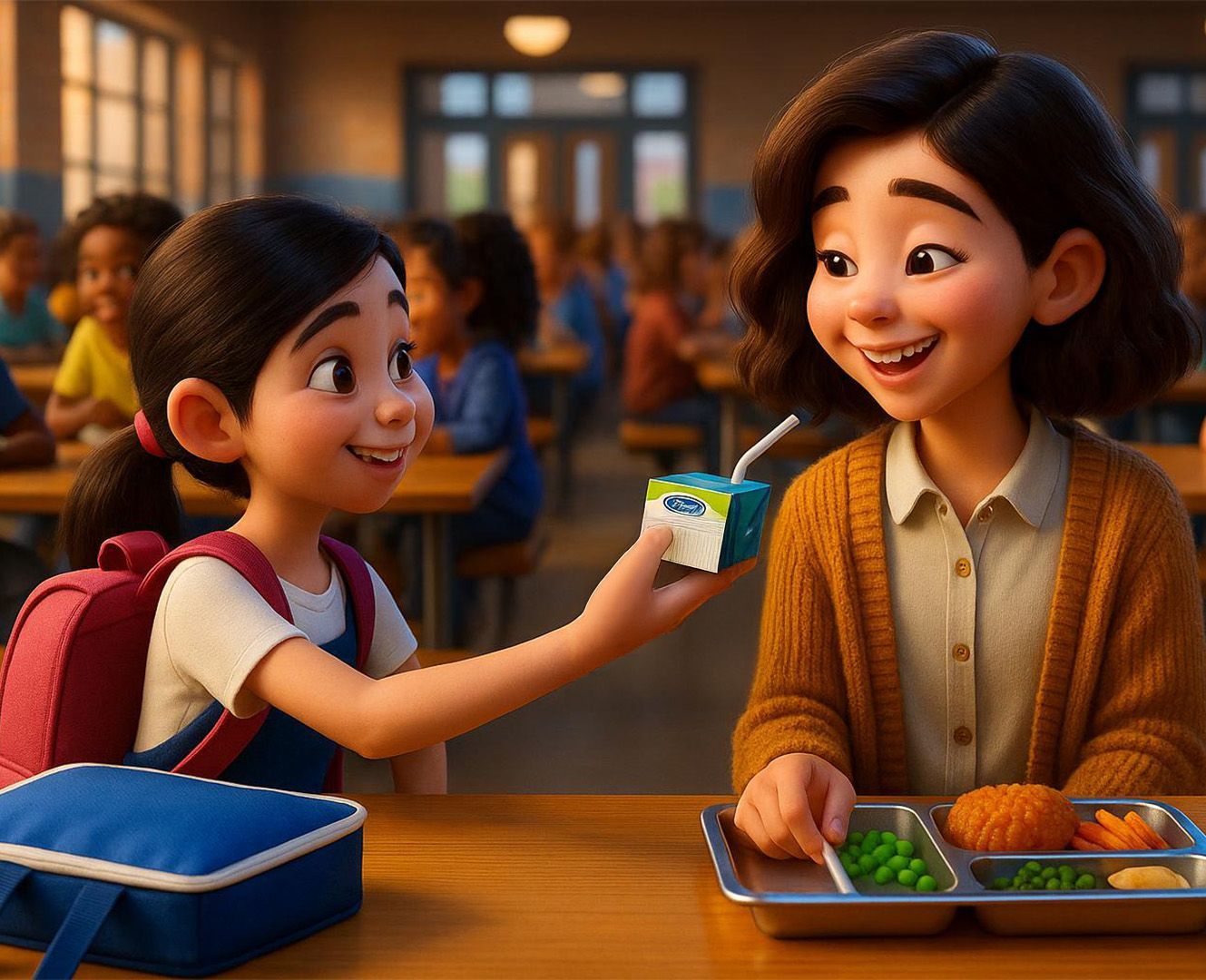 A girl is giving a box of milk to a woman in a school cafeteria.