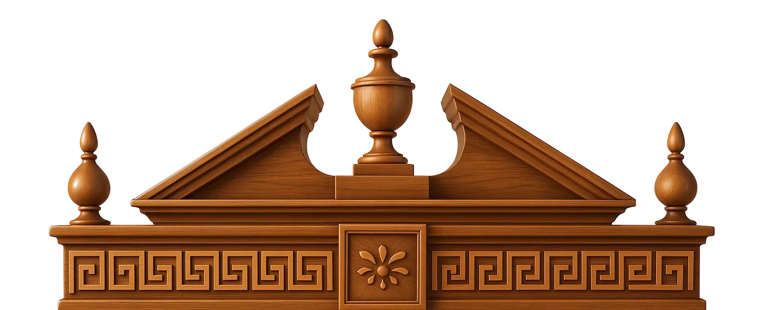 A wooden headboard with a greek key design on it