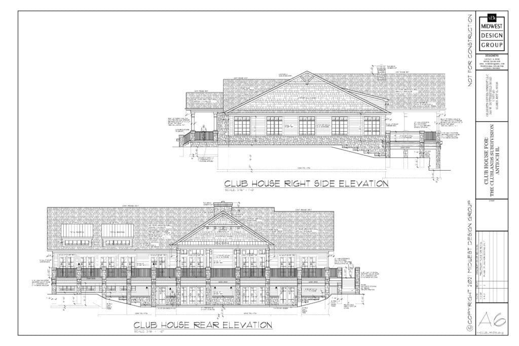 Architectural blueprints: side and front elevations of a building with a gabled roof, porch, and multiple windows.