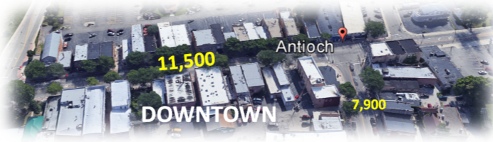 Aerial view of a downtown area with buildings and street labels 