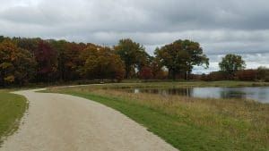 A beige path curves beside a lake with autumn trees under a cloudy sky.