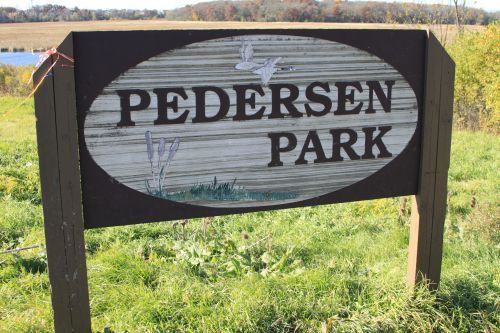 Sign for Pedersen Park with lettering and a nature scene.