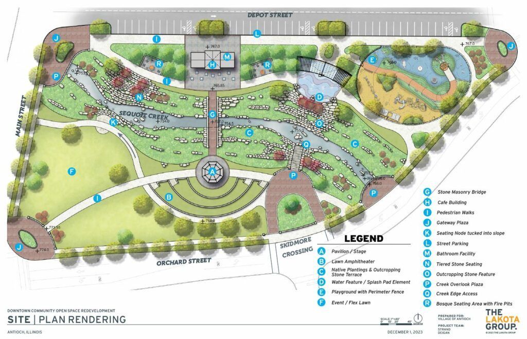 Park plan showing paths, landscaping, parking, and a water feature.