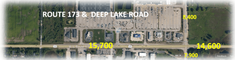 Aerial view of Route 173 and Deep Lake Road intersection with numbers indicating traffic counts.