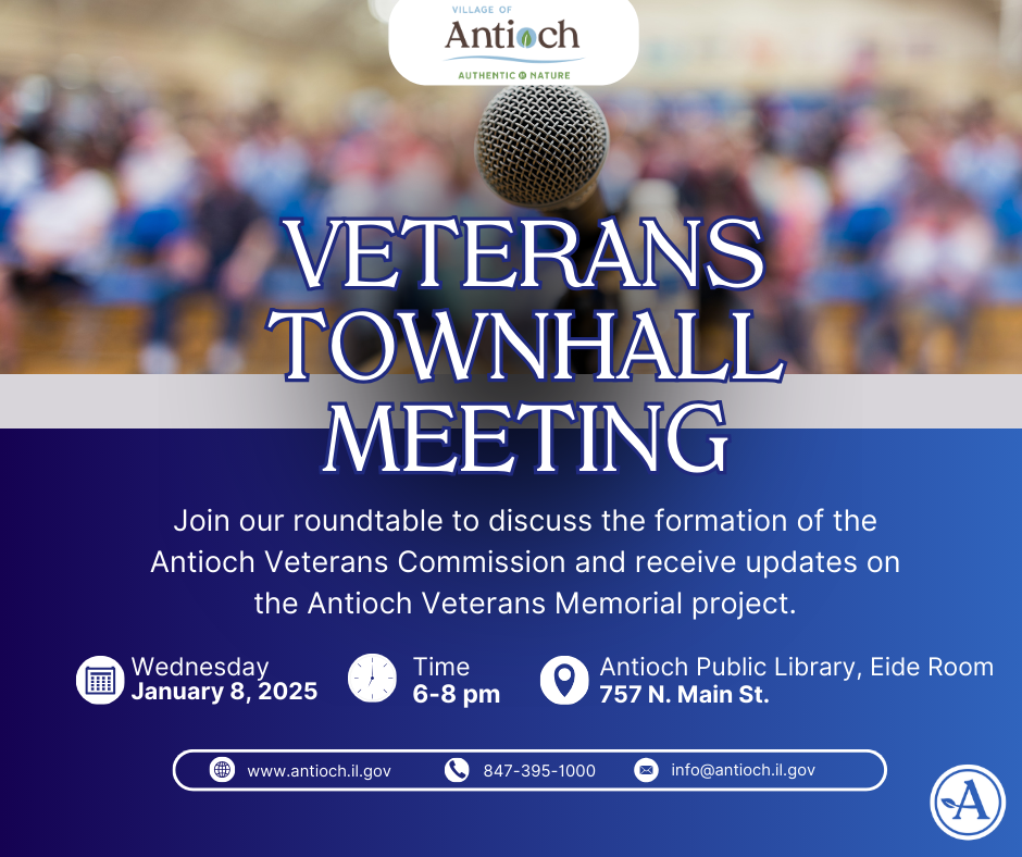 Poster for Antioch Veterans Townhall Meeting on January 8, 2026, at the Antioch Public Library.