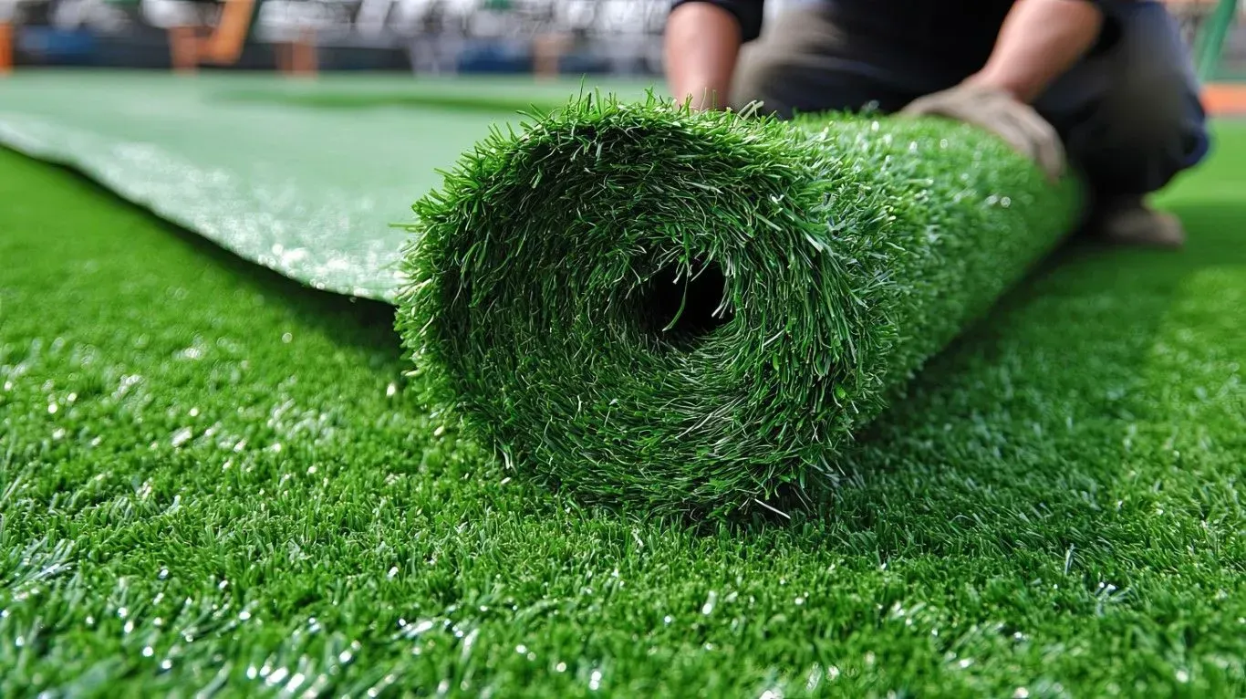 Roll of synthetic grass being installed.
