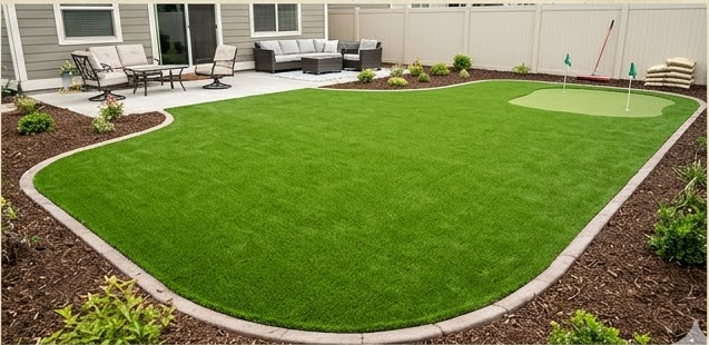 Backyard artificial turf with a putting green.