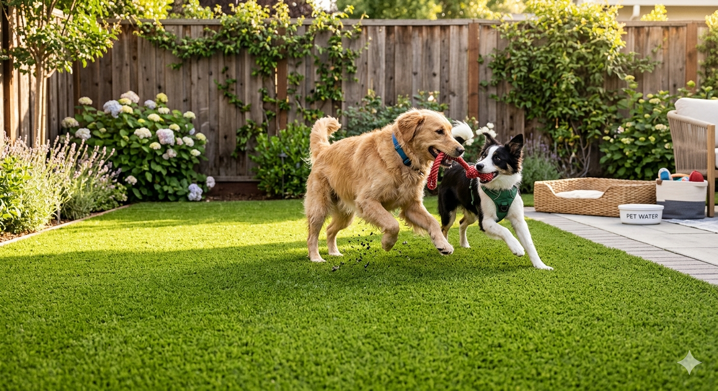 Dogs playing on pet-friendly artificial turf.