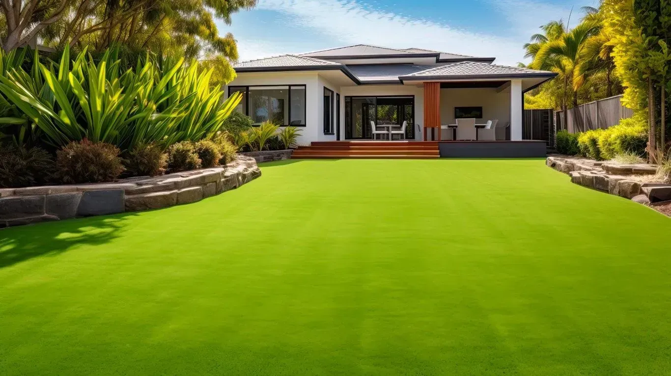 Modern home with a large synthetic lawn.