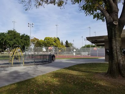 Tree service close to me-Baseball field, green and brown turf, backstop with signage, tall light poles, overcast sky.