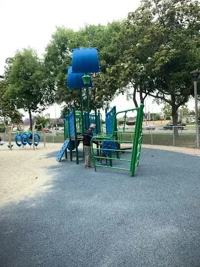 Tree service close to me-Playground in a park with slides, swings, and grassy areas under a cloudy sky.