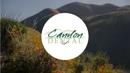 tree service close to me-Canyon Dental logo over a natural landscape with green and yellow plants and mountains in the background.