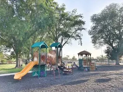 tree service close to me-Playground with slides, climbing structures, and trees under a cloudy sky.