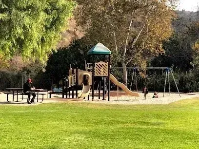 tree service close to me-Playground in a park with slides, swings, and children playing. Green grass and trees surround.