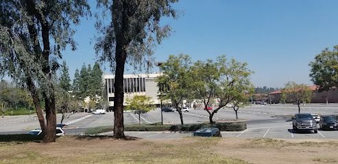 Trees in foreground. A beige building with a large parking lot. Clear blue sky in the background.