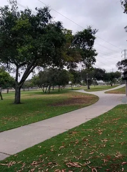 tree service close to me-Pathway through a park with green grass, trees, and cloudy sky.