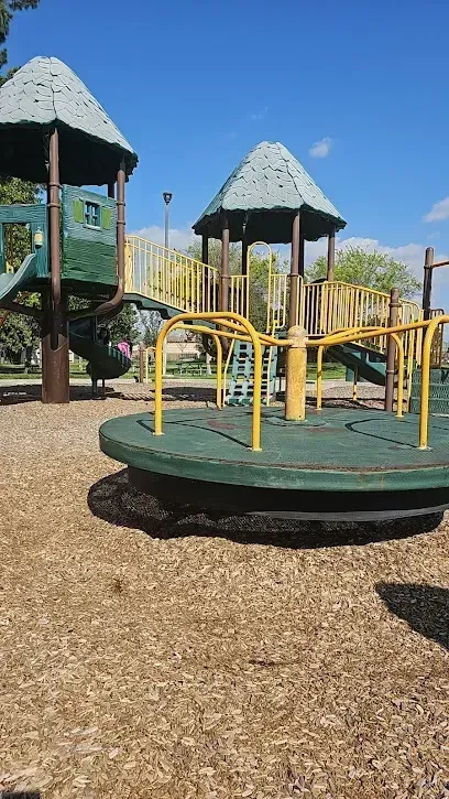 Tree service close to me-Playground with green and yellow structures, a carousel, and wood chip ground under a blue sky.