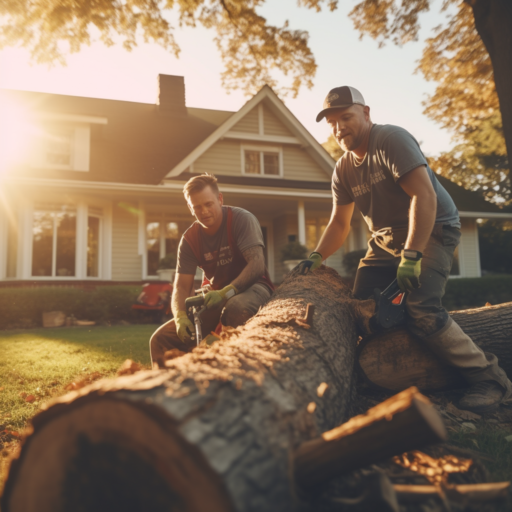 two men are working on a log in front of a house