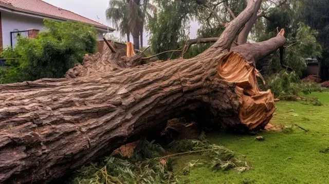 Tree service close to me -Fallen tree trunk on green grass near a house, likely due to a storm.