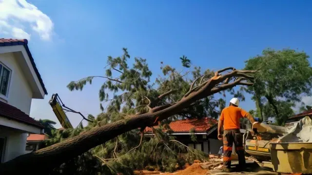 Tree service close to me-Man in orange suit by fallen tree, clearing debris near houses under blue sky.